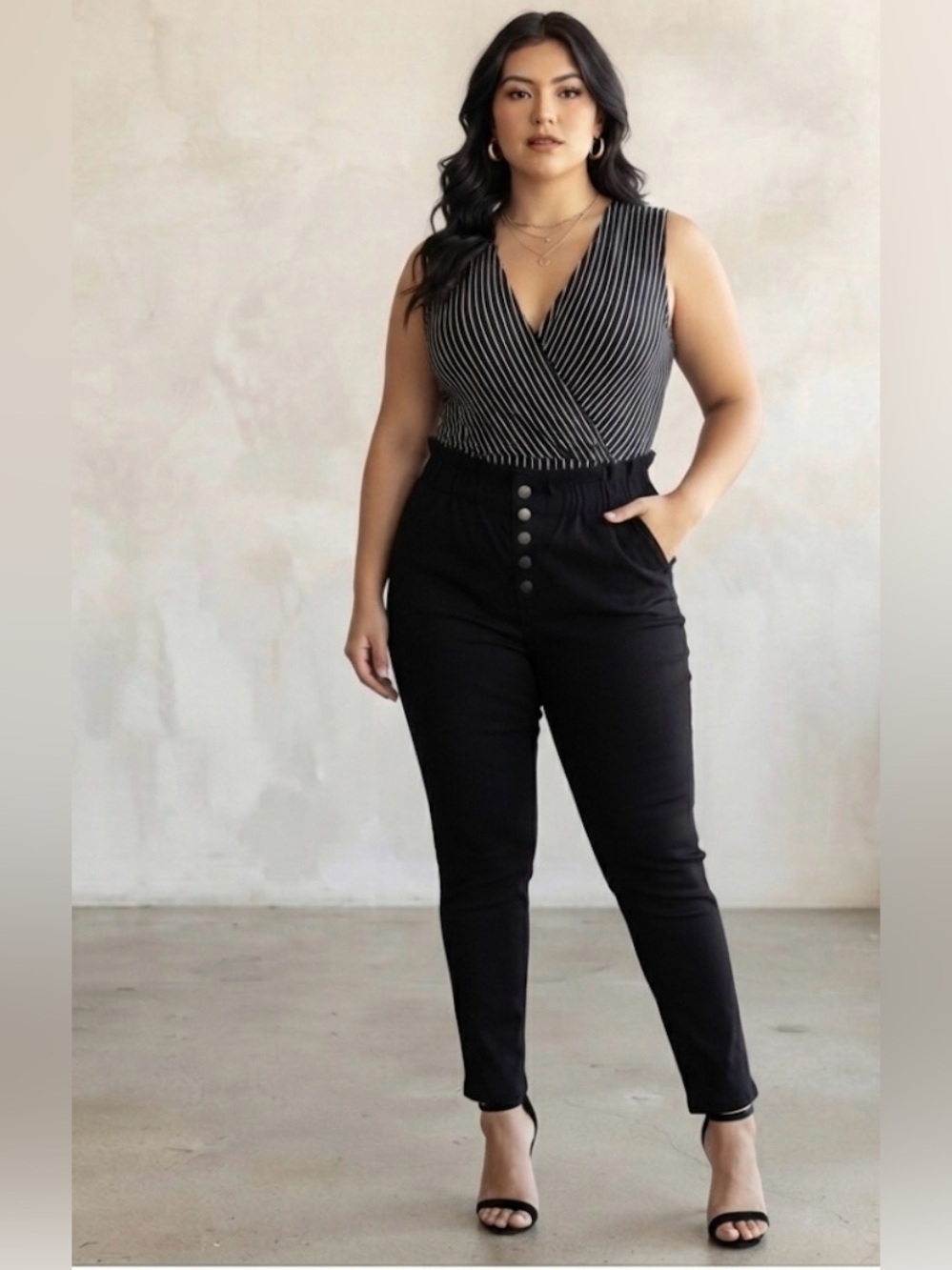 Pastels Paperbag Hyperstretch Black Button-Up Pants